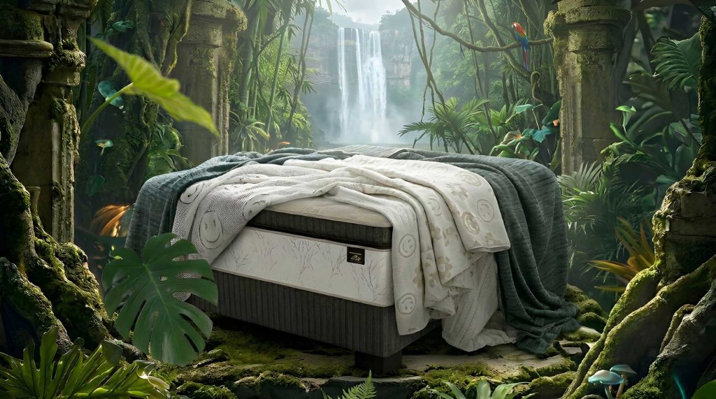 Bed in a forest with fabrics draped over